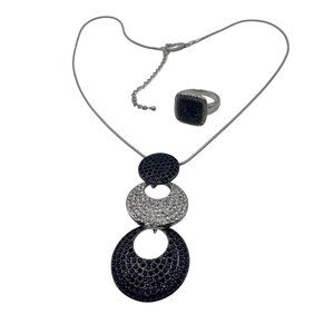 Black CZ Pave Necklace Ring Set Silver Tone Modern Statement Sz 8 18" Chain